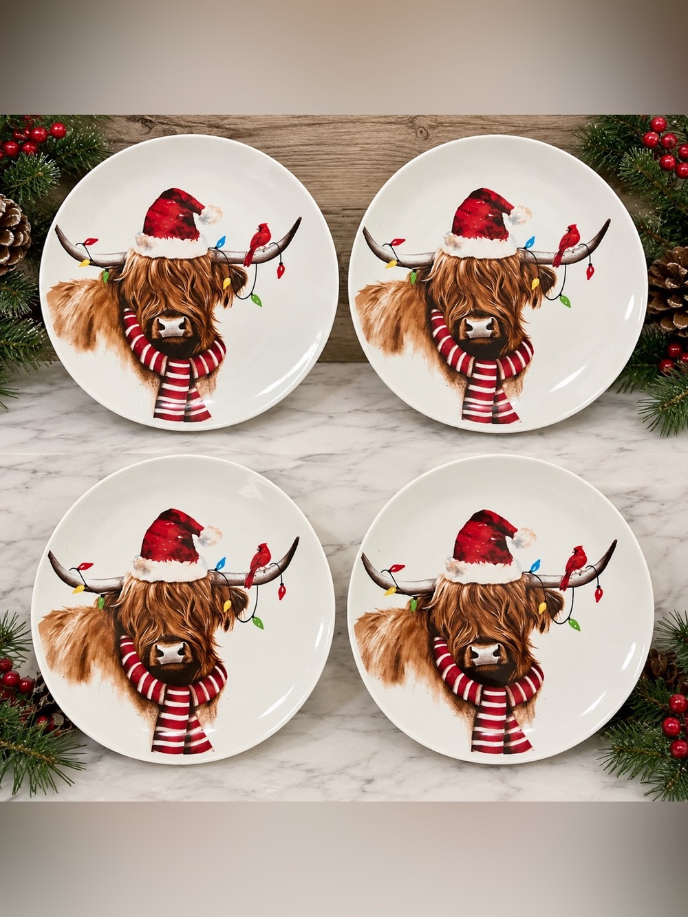 Santa Hat Highland Cow Salad Plates set of 4